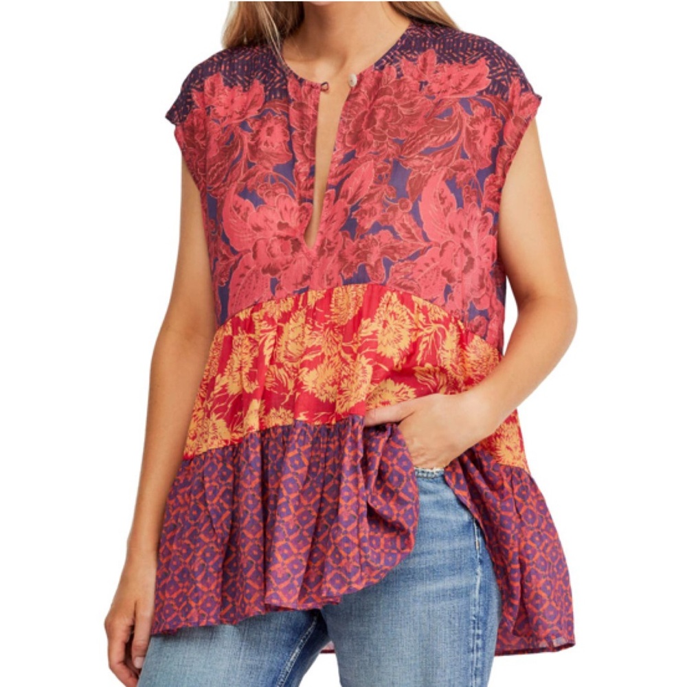 Free People Red Boho Floral Geo Tribal Print Tiered High Low Sleeveless Top S